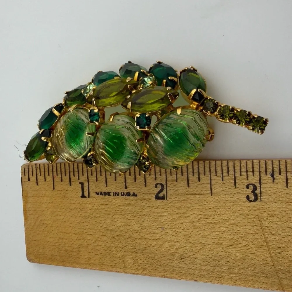 Vintage Reverse Carved Givre Rhinestone Leaf Brooch Statement Pin